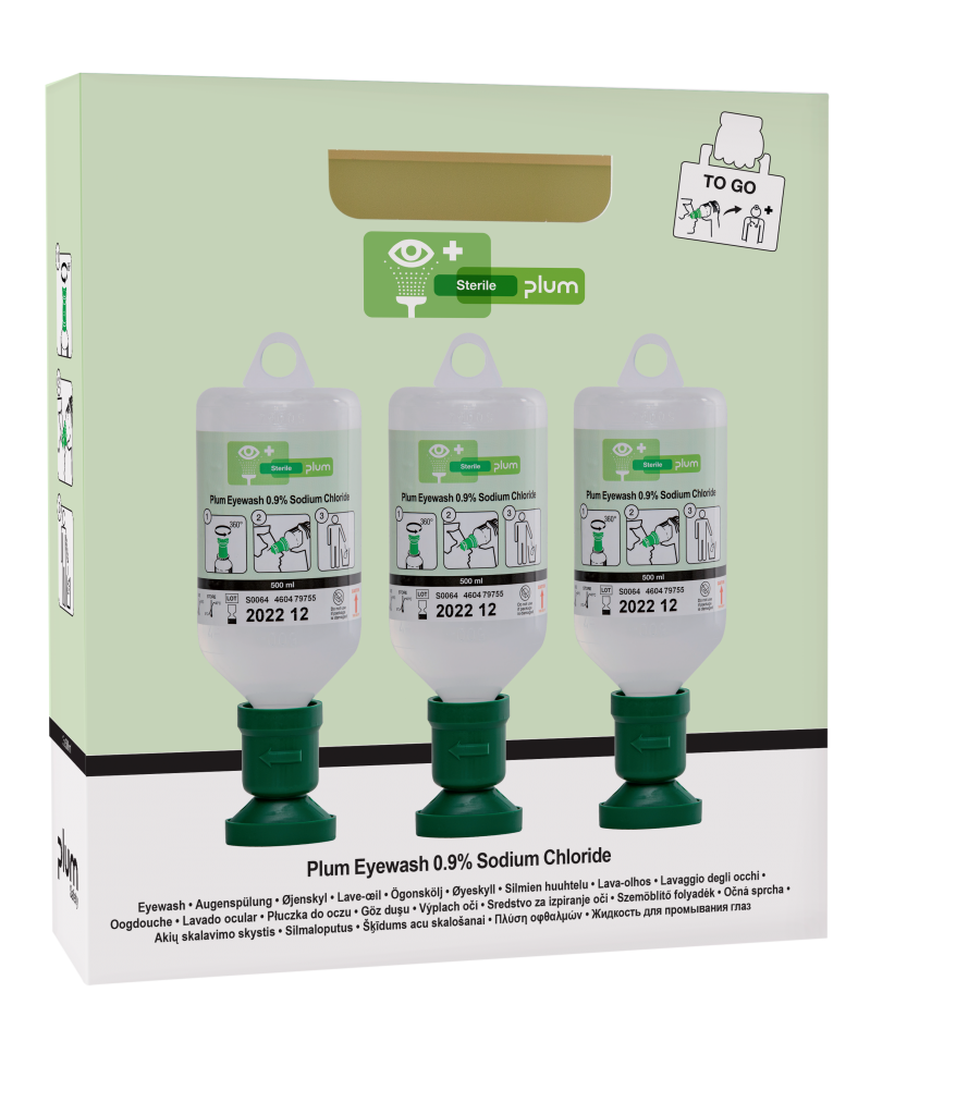 Produktbild von BIGPACK PLUM Augenspülflasche 500 Ml – 15 Stück, Sterile Natriumchloridlösung 0,9 %, DIN 15154-4, Mit Ergonomischer Schale